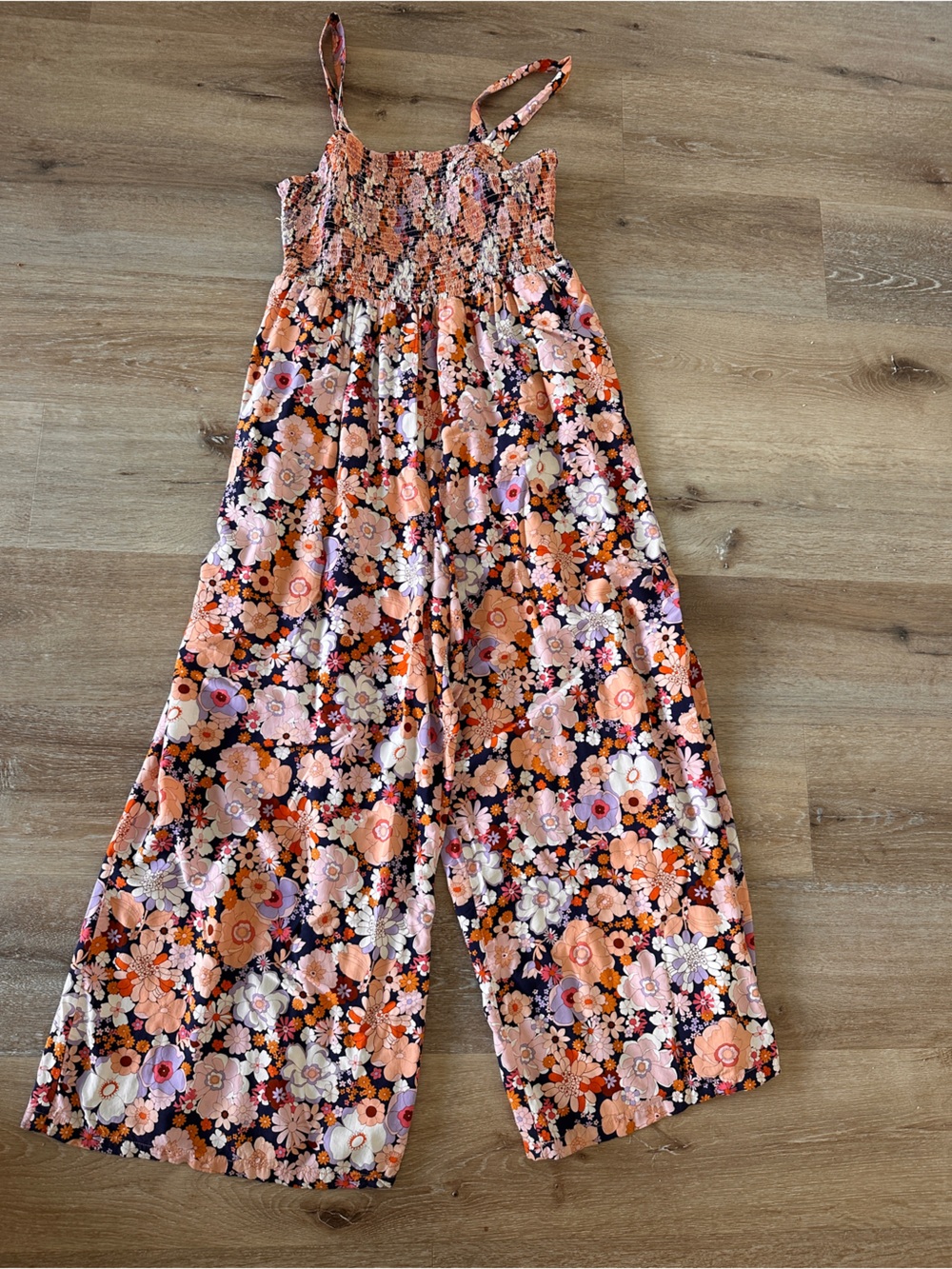 Floral Wide-Leg Jumpsuit with Smocked Waist - Pink & Orange Floral